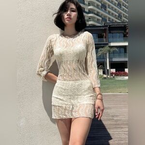 Shein 3 piece Cream Cover-up and Bathingsuit with gold shimmer